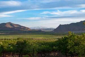 a scenic view of a valley with mountains in the background